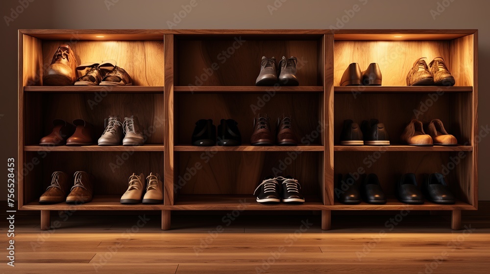 Wooden shelves with different shoes in a row. 3d rendering