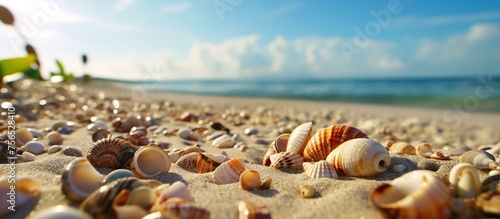 Seashells on the beach at sunset. Sea background