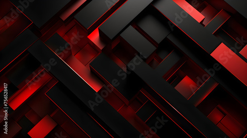 Abstract 3d banner with pattern of red and black squares, rectangles. Monochrome trending background with geometric texture. Simple modern wallpaper with copy space. Template for design card, pattern