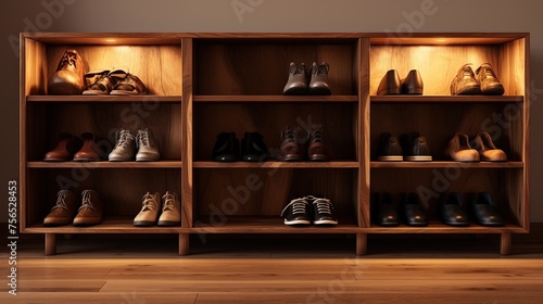 Wooden shelves with different shoes in a row. 3d rendering
