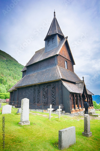 Urnes stave church in Ornes, along the Lustrafjorden, Norway