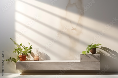 Minimalist Presentation Podium in Bright Natural Light. Simple beige presentation platform. Three potted plants on a shelf  showcasing lush foliage and adding greenery to the space.