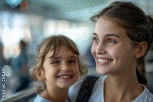 Caring flight attendant talking to young passenger in airplane cabin