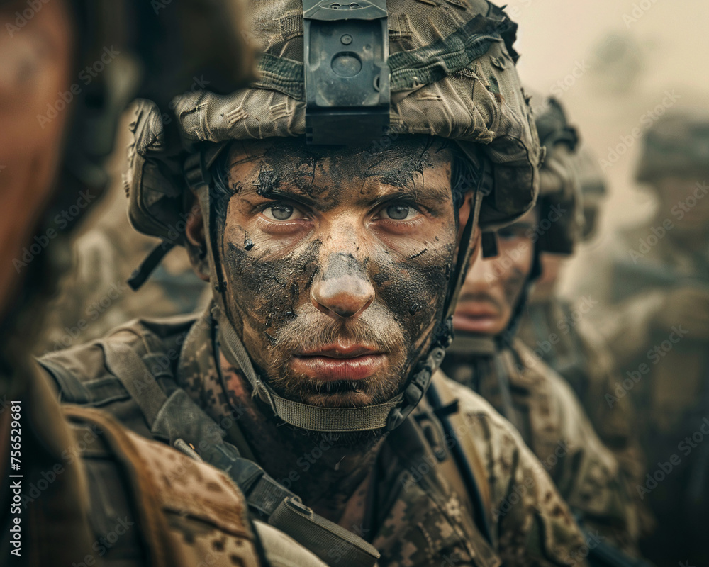 Multiple armed soldiers looking directly at the camera positioned in a smoggy and dust-laden setting Multiple armed soldiers looking directly at the camera positioned in a smoggy and dust-laden setting