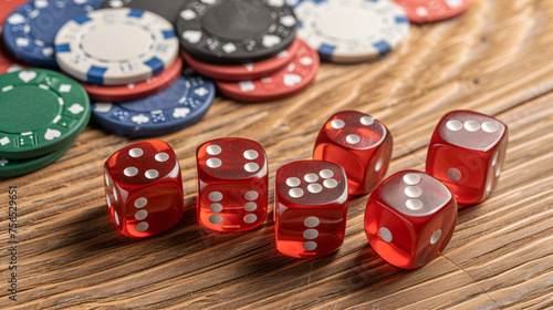 Red dice and poker chips on wooden table