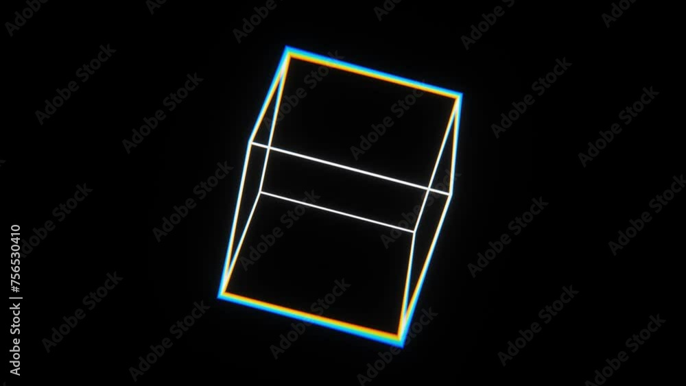3d abstract futuristic lens distortion VFX black and white retro wireframe grid cube. 80s 90s geometric math isolated black background.. Simple 4 side shape. Rotating in space Animation 30fps 4k loop