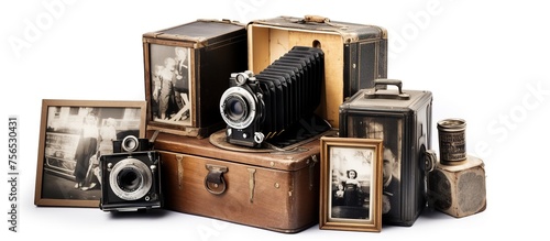 Vintage photo album and old camera isolated on a white background