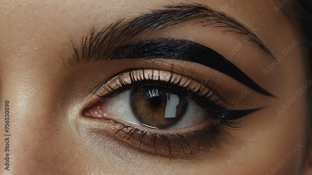 Obraz premium Beautiful female eyes with long eyelashes eyeliner Eyelash extension Makeup cosmetics beauty Close up macro Beautiful woman face make-up master blush on cheeks beauty model girl portrait of a girl wit