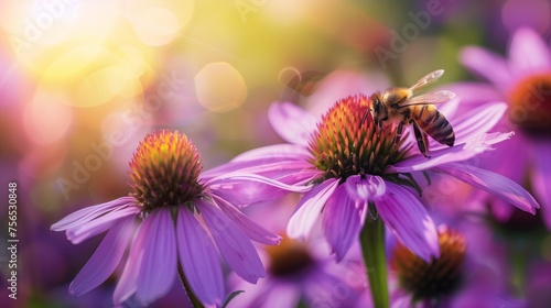 A bee collecting nectar from a vibrant purple coneflower against the backdrop of a sunlit meadow. photo