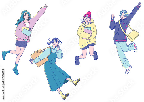 アニメ風のジャンプする女性4人セット