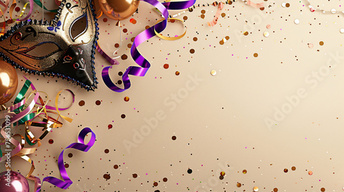 Vibrant Carnival Atmosphere with Colorful Mask, Streamers, and Balloons on Beige Background, Perfect for Festive Celebrations and Party Concepts