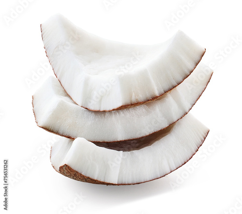 Stack of three fresh coconut pieces or slices on white background