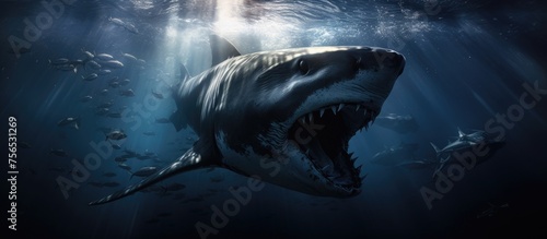 A Great White Shark, part of the Lamnidae family in the Lamniformes order, swims in the dark, electric blue waters with its jaw open underwater photo