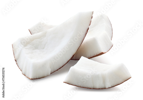 Group of three fresh coconut pieces or slices on white background