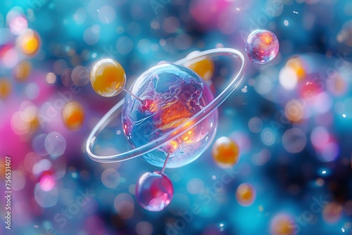 An artistic creation of an atom model with bright colorful electrons and a lively background
