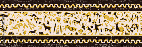 Ethnic border on the theme of rock paintings, vector design, seamless pattern, banner