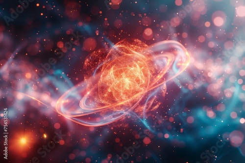 An artistic digital representation of an atom with orbits, particles, against a cosmic background photo