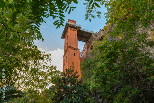 The Historical Elevator in Konak District of Izmir, Turkey. Beautiful top view of Izmir with Historical Elevator. photo