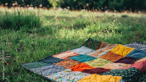 A colorful quilt on green grass photo