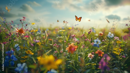 A close-up shot of colorful wildflowers blooming in a vast green meadow  with butterflies fluttering around.