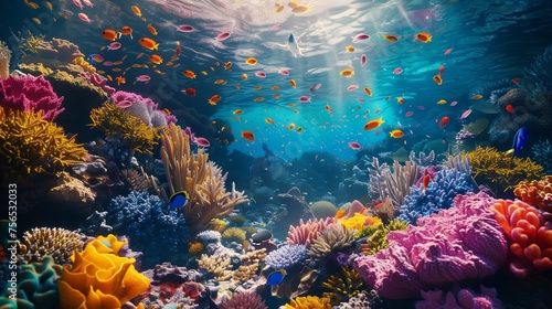 A colorful coral reef teeming with life  with vibrant fish swimming amongst the diverse underwater world.