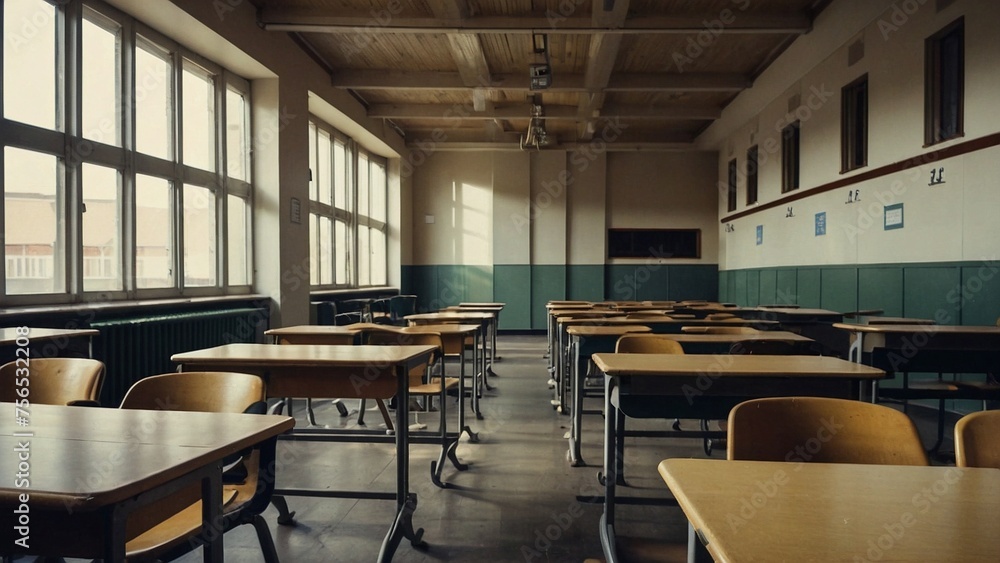 An empty exam hall with desks and chairs and a board