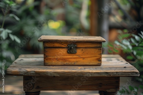 A vintage wooden treasure chest with a metal latch sits atop an old, sturdy table, hinting at mystery and discovery