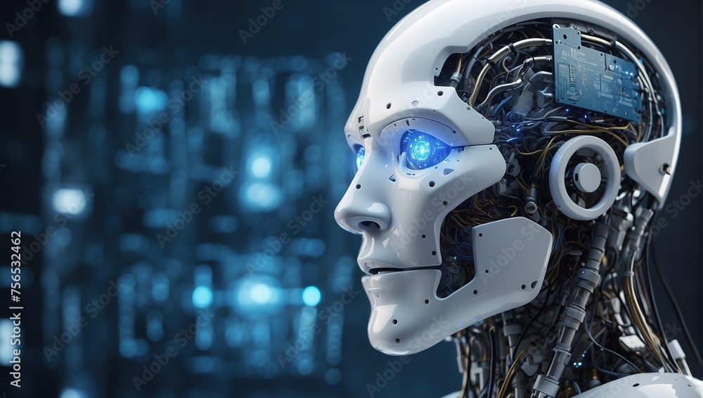 Fototapeta premium close-up face of AI Artificial Intelligence humanoid Robot with digital graphic Brain Engine inside on futuristic future digital technology background, technology robot concept.