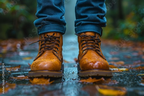 Vivid image capturing waterproof brown boots amidst fallen leaves on a rainy autumn day, suggesting adventure and exploration