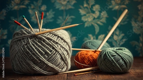A background of knitting yarn and knitting needles.