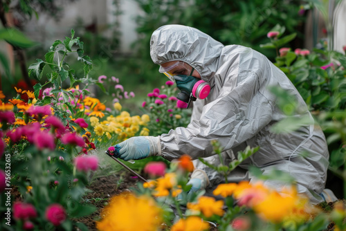 A man in a protective suit treats flowers in the garden with chemicals © Kien