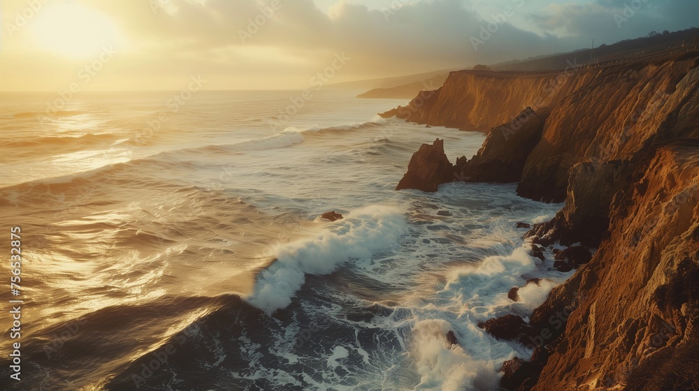 A dramatic coastline with rugged cliffs and crashing waves, bathed in the golden light of the rising sun.
