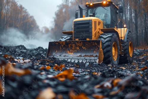 A powerful yellow bulldozer with its blade down, ready to work in a cold, foggy forest clearing surrounded by fallen leaves