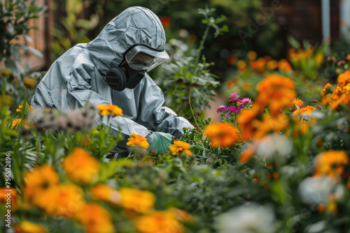 A man in a protective suit treats flowers in the garden with chemicals © Kien