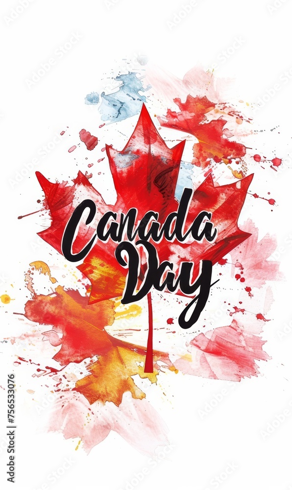 Obraz premium Happy Canada day background with watercolor splashes in flag colors and maple leaf. Grunge Canadian flag. Template for invitation, poster, flyer, banner, etc.