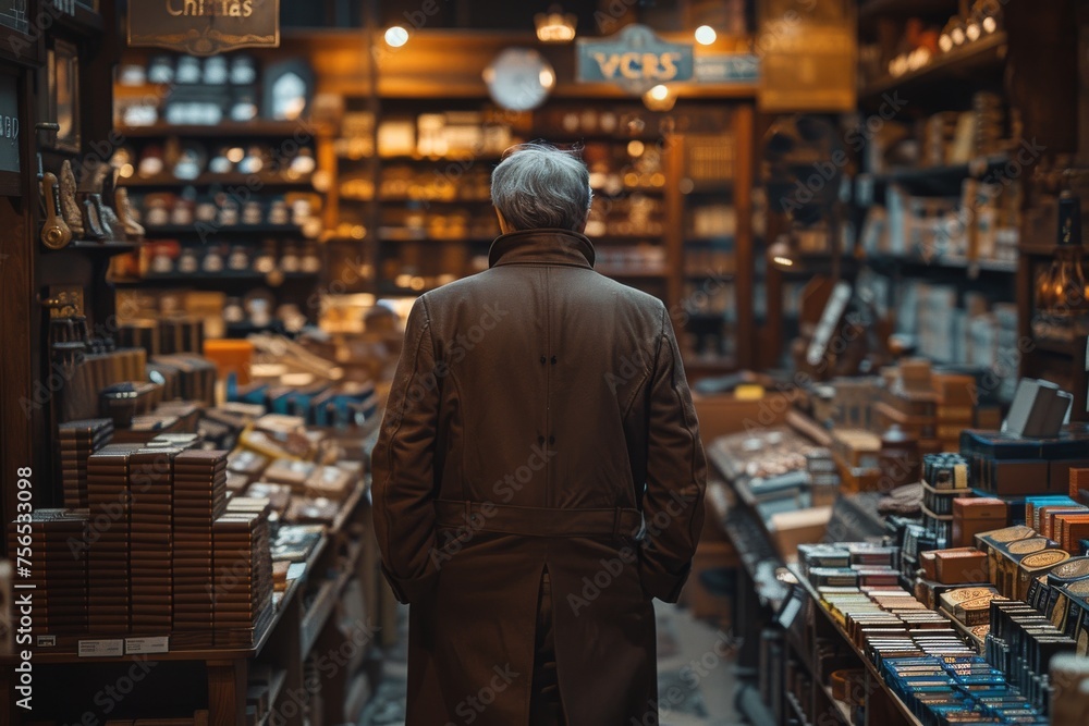 A solitary man in a coat stands amidst a cozy antique bookstore filled with wooden shelves and an assortment of books A solitary man in a coat stands amidst a cozy antique bookstore filled with wooden shelves and an assortment of books