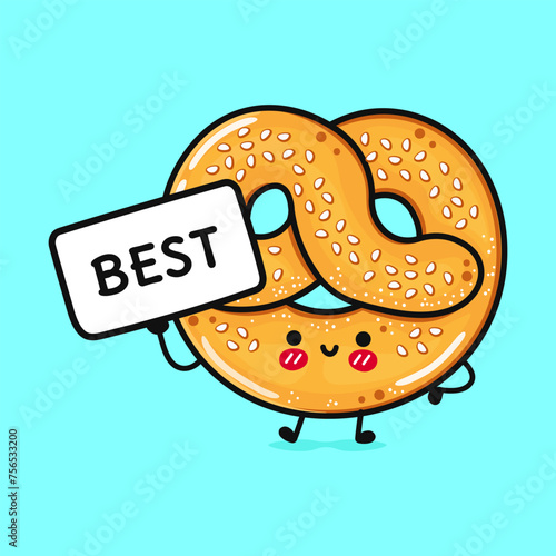 Cute French pretzel with poster best. Vector hand drawn cartoon kawaii character illustration icon. Isolated on blue background. French pretzel think concept © Yevhen