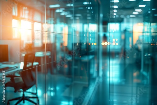 An office space with floortoceiling windows  electric blue tinted glass  and transparent fixtures. The blurry image captures the reflection of chairs and natural light flooding the room