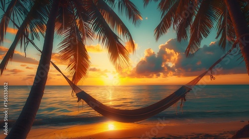 A hammock swaying between two palm trees, inviting relaxation with a backdrop of a stunning sunset by the beach.