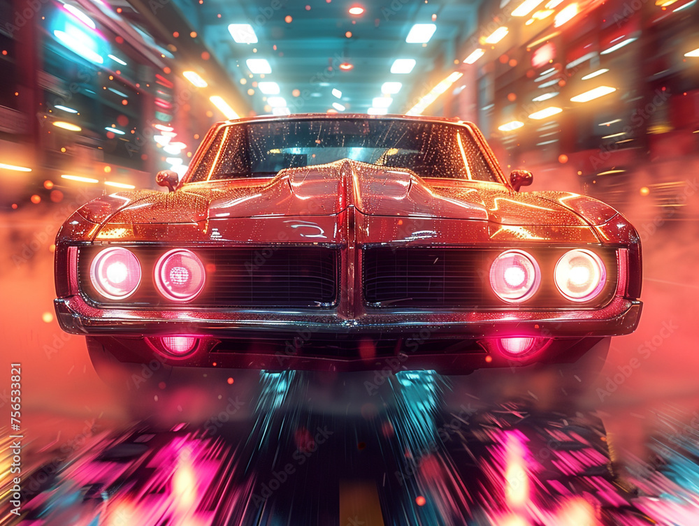 A retro car speeds through the rain in a small town at night. The reflection of neon light is refracted on the car body.