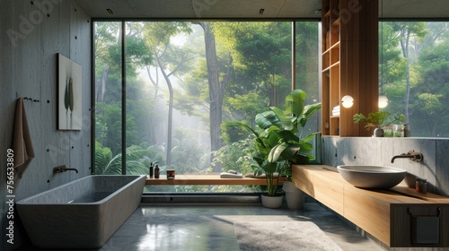Serene Forest View Bathroom: Modern Interior Design with Wood and Concrete Touch © AIGen