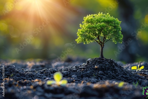 The image captures a solitary, well-lit vigorous tree on a dark soil field with the sun shining through in the background