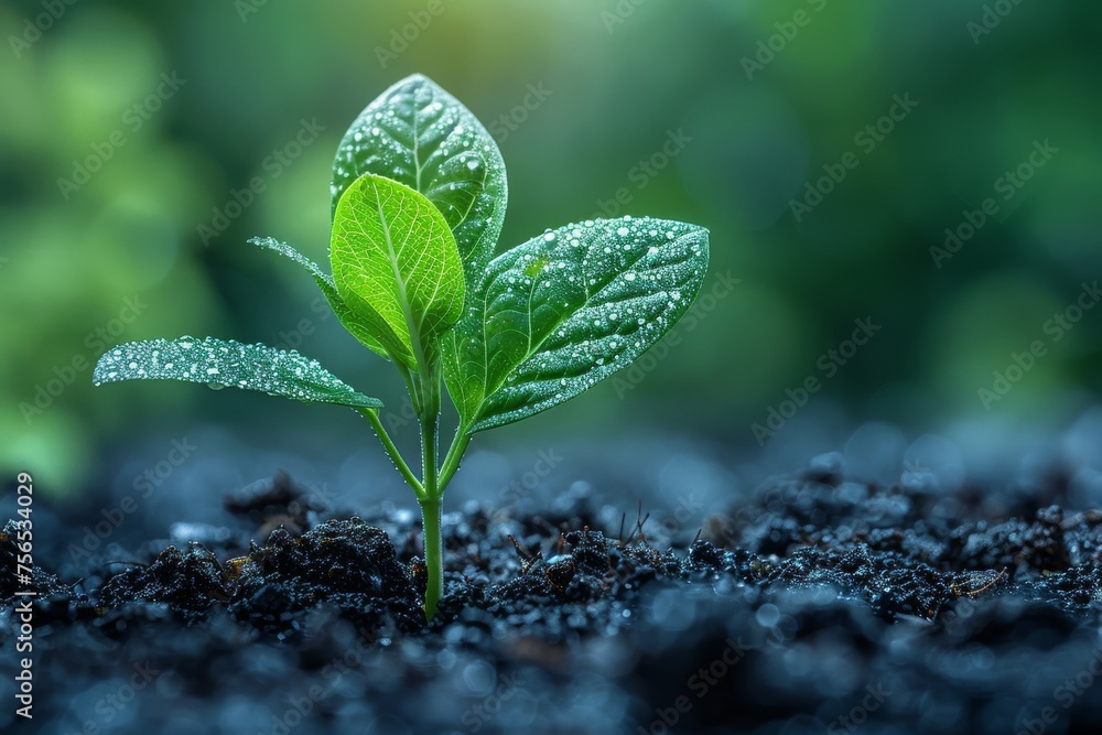 A new plant sprouting from fertile soil with morning dew on its leaves shows early stages of growth A new plant sprouting from fertile soil with morning dew on its leaves shows early stages of growth