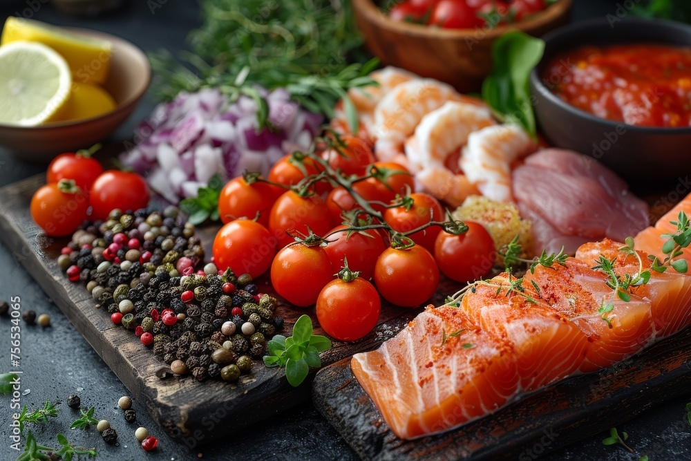 An array of raw salmon, fresh herbs, and assorted spices set for a delicious and healthy cooking session An array of raw salmon, fresh herbs, and assorted spices set for a delicious and healthy cooking session