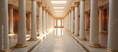 A grand hallway in a building with symmetric columns and a window in the middle, featuring wood flooring and composite material columns