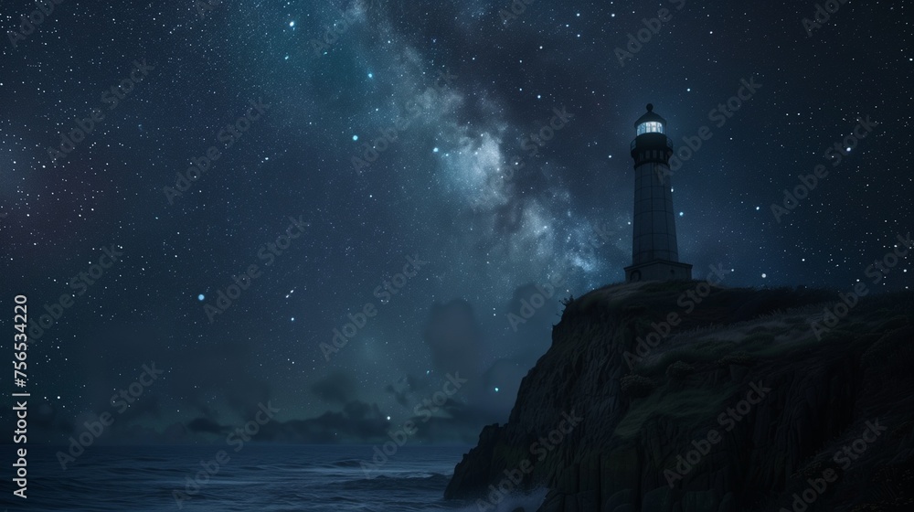 A lone lighthouse perched on a cliff, guiding ships through the darkness under a starry sky.