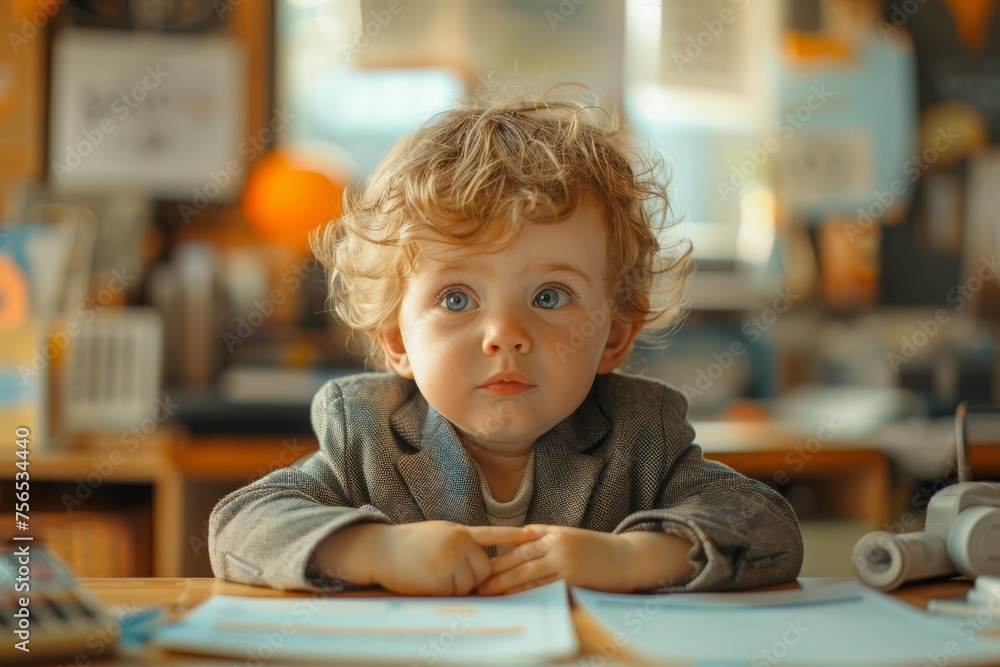 Portrait of cute two-year-old child dressed in a miniature business suit sits behind a small desk in playroom, surrounded by toy gadgets and paperwork Portrait of cute two-year-old child dressed in a miniature business suit sits behind a small desk in playroom, surrounded by toy gadgets and paperwork