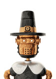 Cartoon robot pilgrim in 3d realistic steampunk style. Creative character design. Metal mechanical creature.