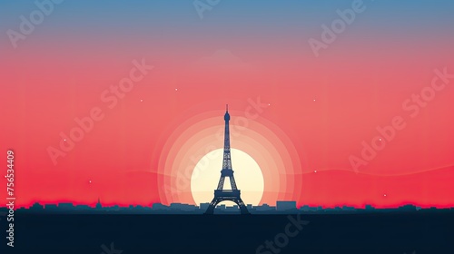 Eiffel Tower at Sunrise or Sunset Background. Paris City Vector Illustration, Minimalist Wallpaper, Travel Poster, or Flyer Design