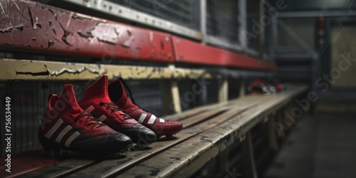Cleats hanging on a locker room bench, pre-match anticipation.